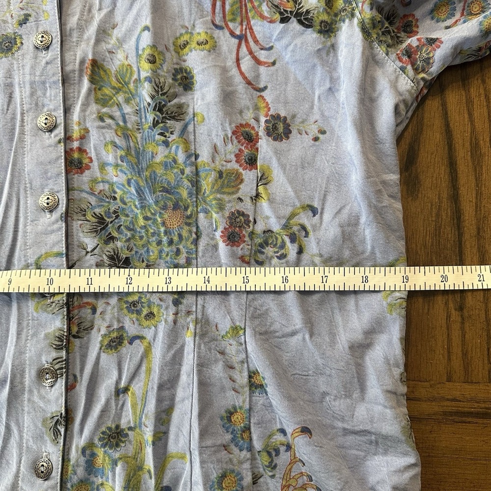 Tianello Blue Floral 3/4 Sleeve Mandarin Collar Button Princess Cut Womens Large - Picture 12 of 16